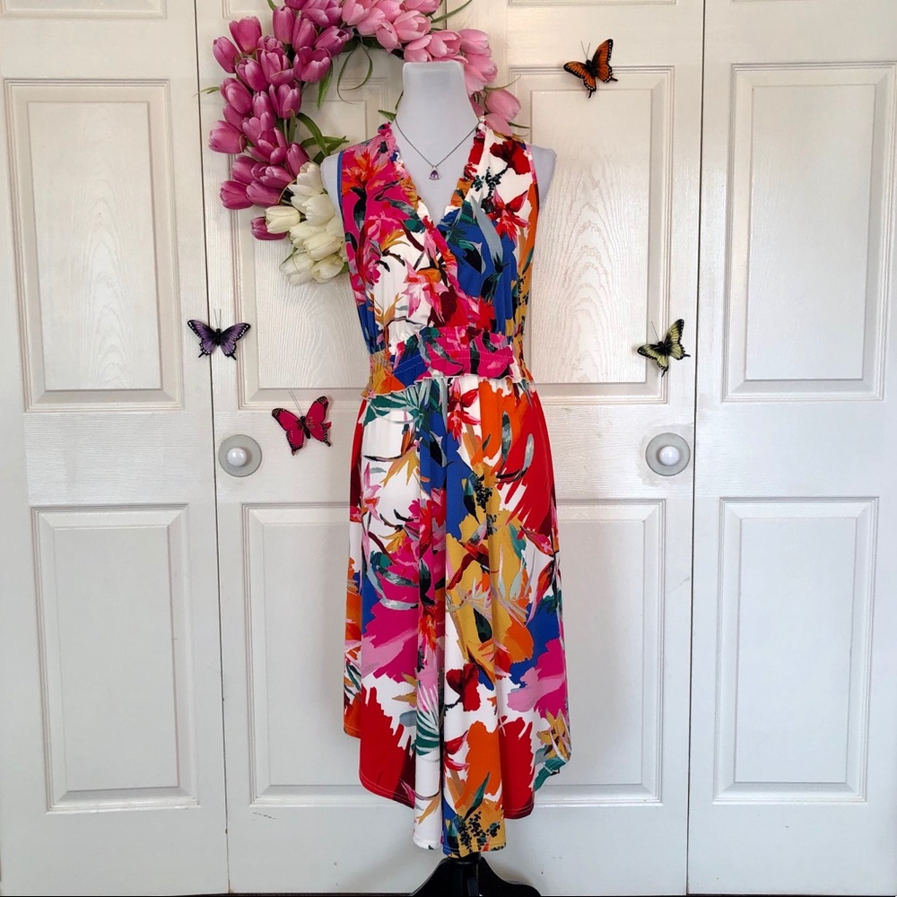 💼 Colorful V Neck Blossom Scarf Hem Sleeveless Dress